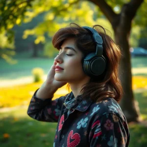 Individual listening to alpha waves music with headphones in nature.
