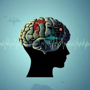 Silhouette of a human head with various brain wave patterns superimposed.