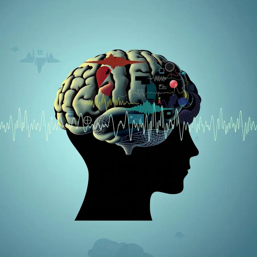 Silhouette of a human head with various brain wave patterns superimposed.