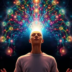 A meditating person with vivid brainwave patterns illustrating cognitive enhancement.