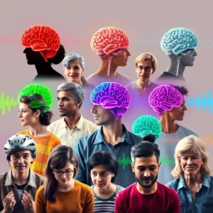 Diverse adults practicing brain activities with cerebral wave patterns around.