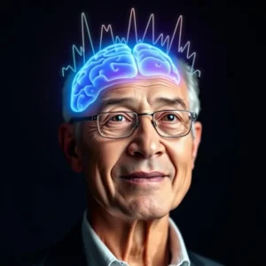 Mature individual with EEG lines indicating cognitive activity