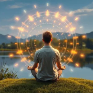 Person surrounded by visual representation of alpha brain waves in a natural setting.