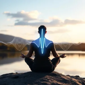 Person meditating with delta wave graphics signifying mental peace.
