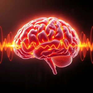 Abstract human brain with gamma wave patterns.