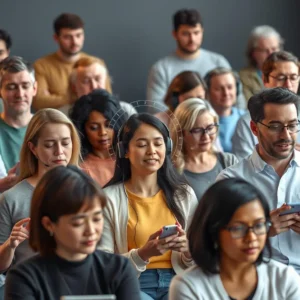 Adults engaged in activities boosting alpha brain waves, including meditation and technology.