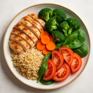 A visually appealing plate of a balanced meal with proteins, vegetables, and grains.