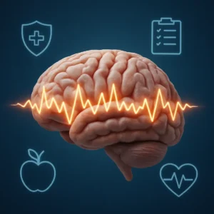 High-resolution image of a brain with digital beta waves and preventive care symbols.