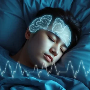 Sleeping person with brain wave overlay depicting the relationship between brain activity and sleep.