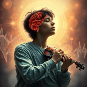 A person absorbed in music with visual elements of sound waves and a brain, representing the impact of brain wave music.