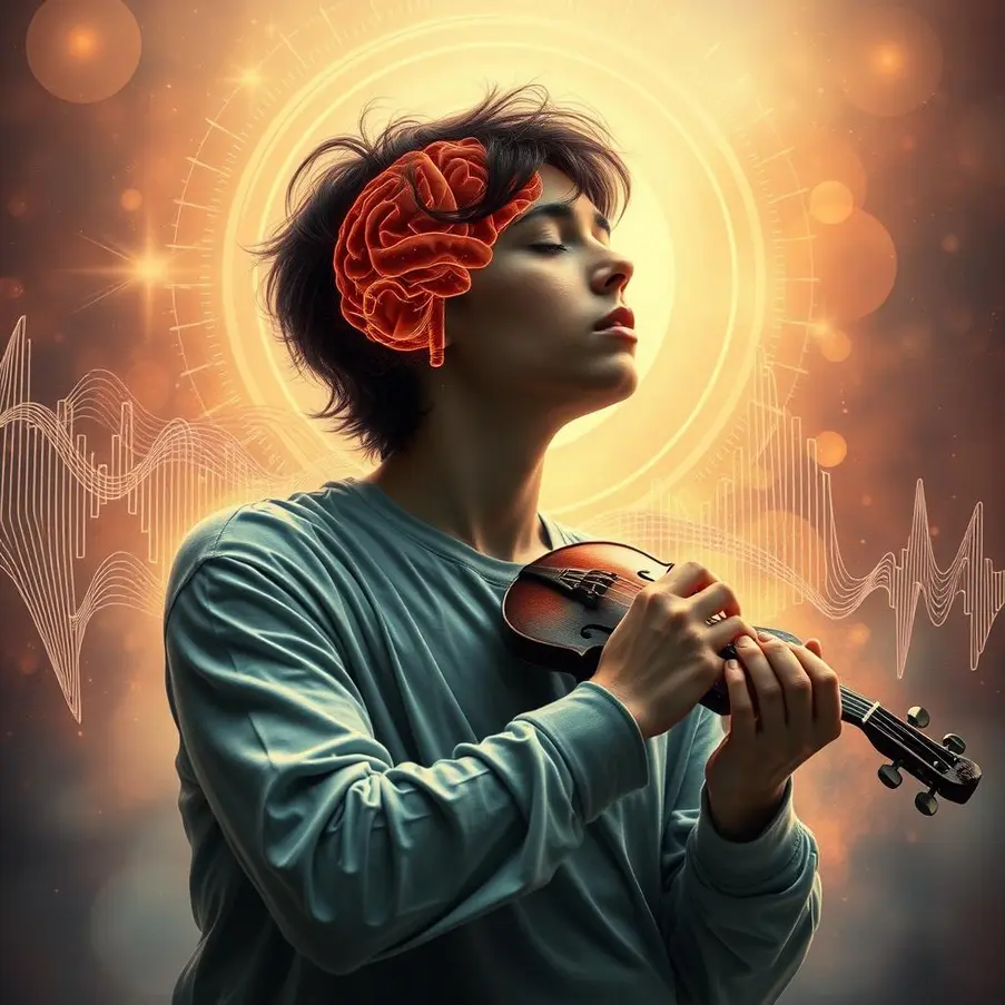 A person absorbed in music with visual elements of sound waves and a brain, representing the impact of brain wave music.