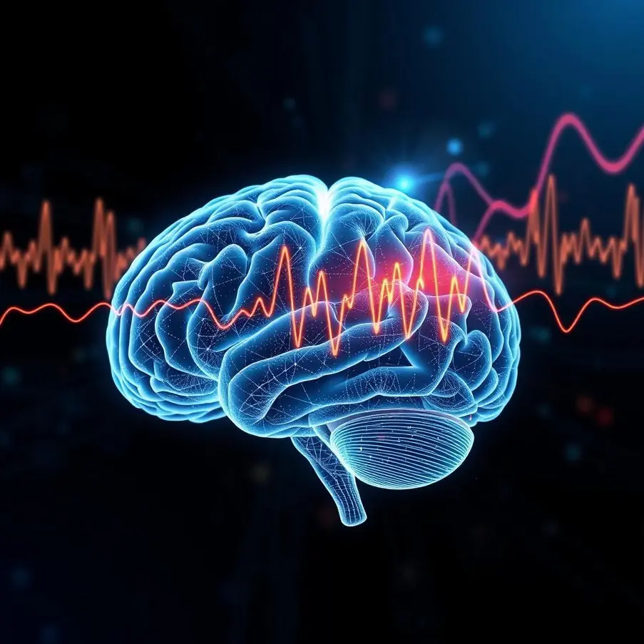 Visual representation of moving brain waves within a human brain.