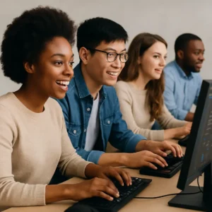 Students actively learning coding in a computer lab, displaying interest and engagement.