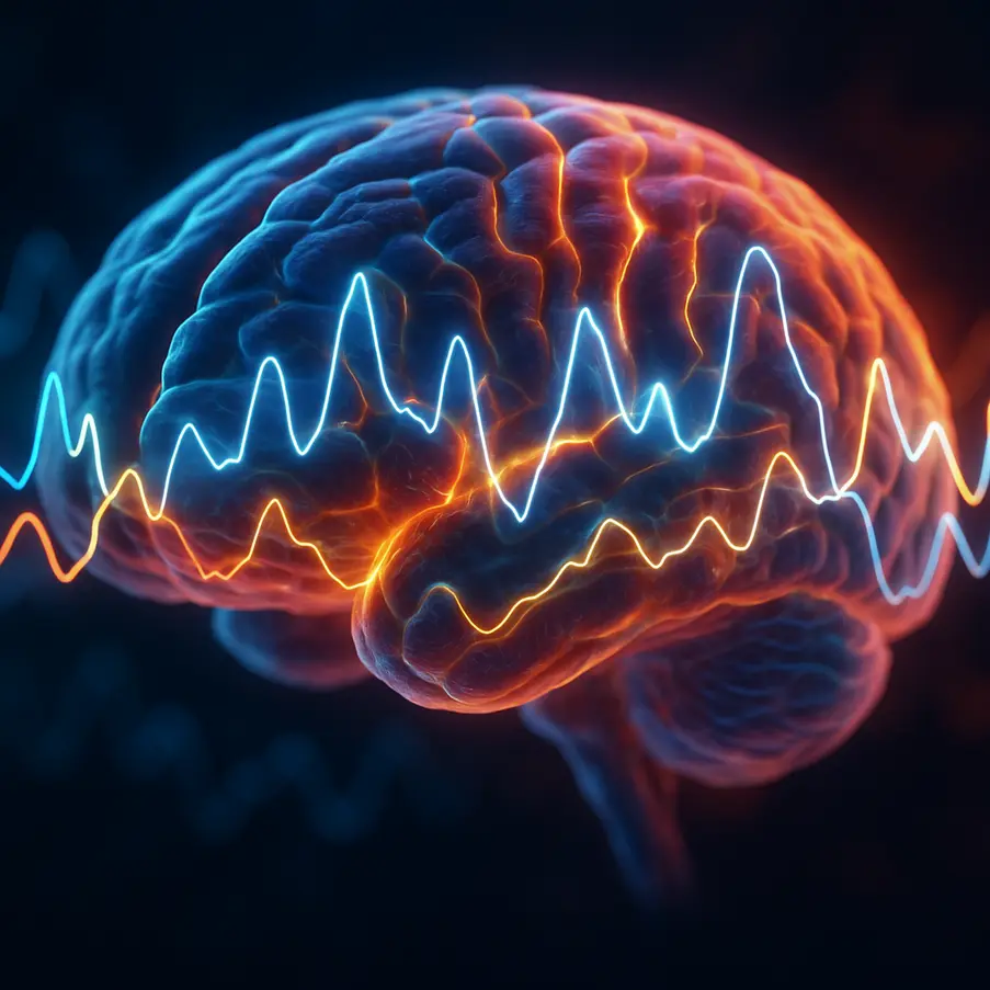 Illustration of a brain with vibrant dynamic beta waves, highlighting cognitive and health interactions.