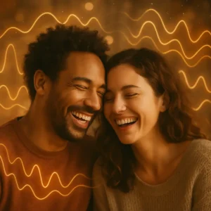 Happy couple embraced in laughter, surrounded by visual representations of Gamma Waves in a warm atmosphere.