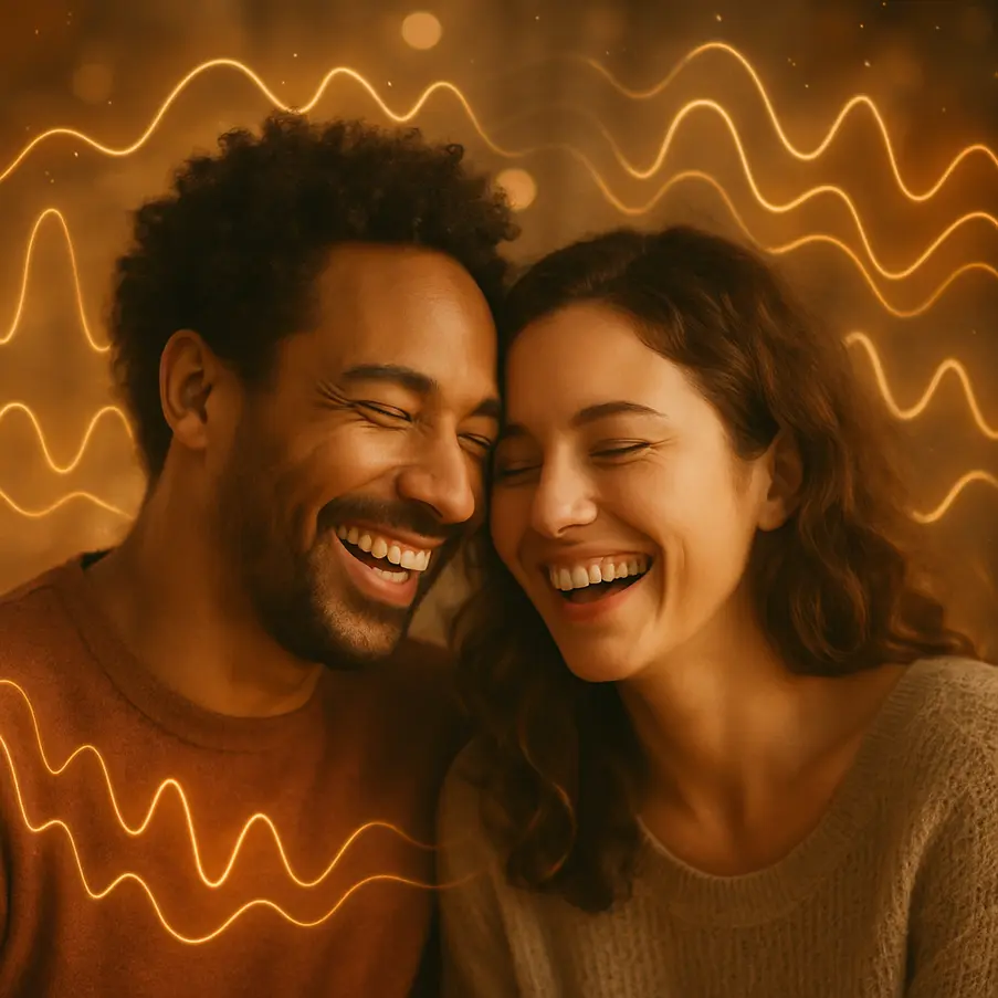 Happy couple embraced in laughter, surrounded by visual representations of Gamma Waves in a warm atmosphere.