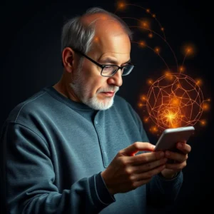 Mature adult engaged in brain exercises with a digital device enhancing memory.