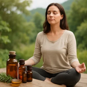 A person meditating with various essential oils nearby in a nature-inspired setting.