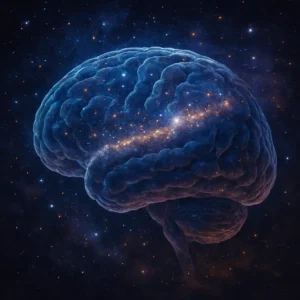Abstract art depicting a human brain intertwined with galaxy, illustrating the interconnectedness theme.