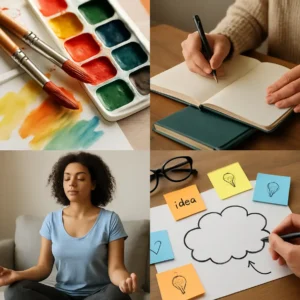 A collage featuring various creative tools like paintbrushes and journals, symbolizing creativity boosting exercises for personal growth.
