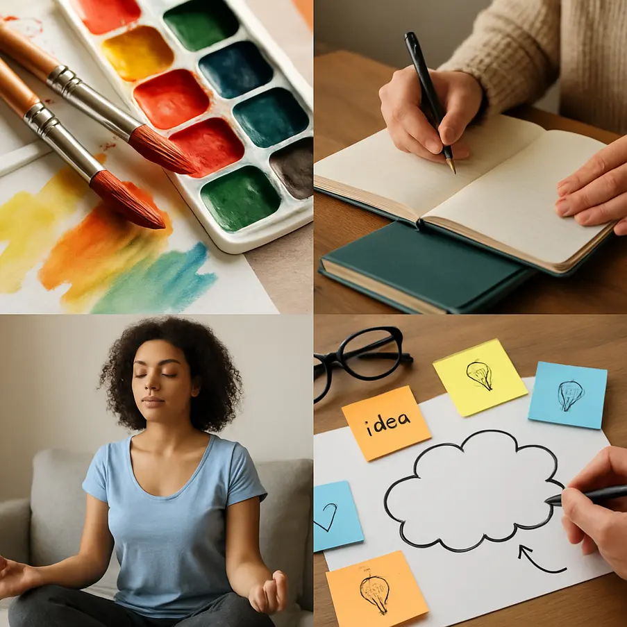 A collage featuring various creative tools like paintbrushes and journals, symbolizing creativity boosting exercises for personal growth.