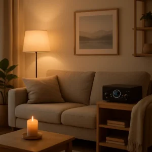 A cozy living room with ambient lights and a music player, representing relaxation through delta wave music.