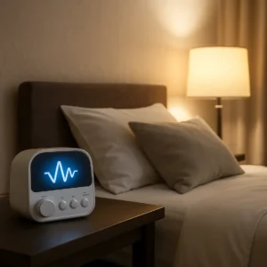 Calm bedroom setting with delta wave generator and ambient lighting.