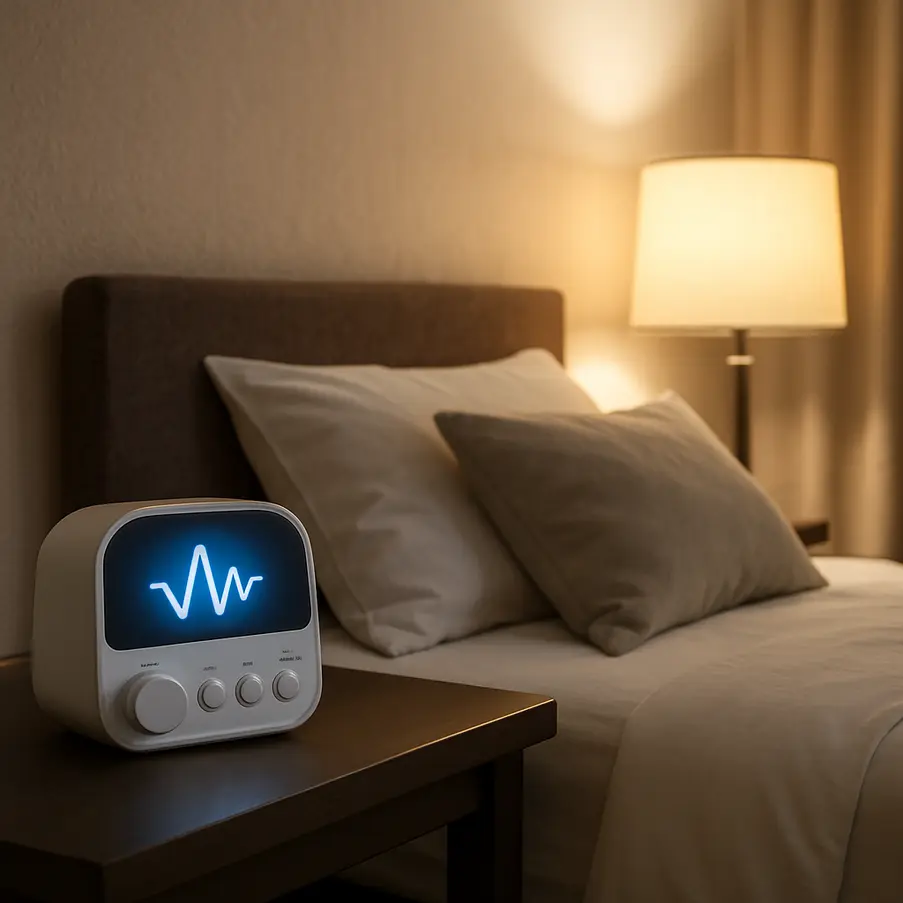 Calm bedroom setting with delta wave generator and ambient lighting.