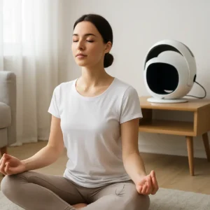 Person meditating with a delta wave stimulation device in the background.