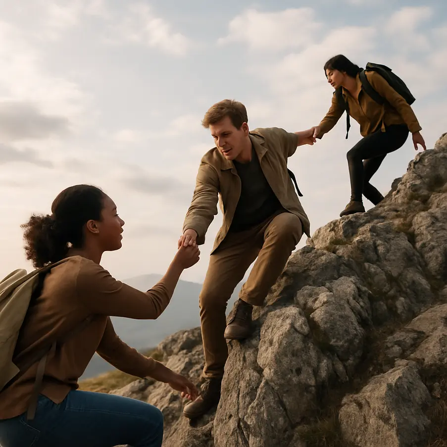 Group of individuals collectively climbing a mountain, symbolizing growth mindset development.
