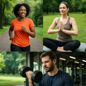Collage of people engaged in beginner-friendly workout exercises in various settings.