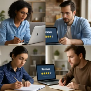 Collage showing diverse individuals reading and analyzing bootcamp reviews.