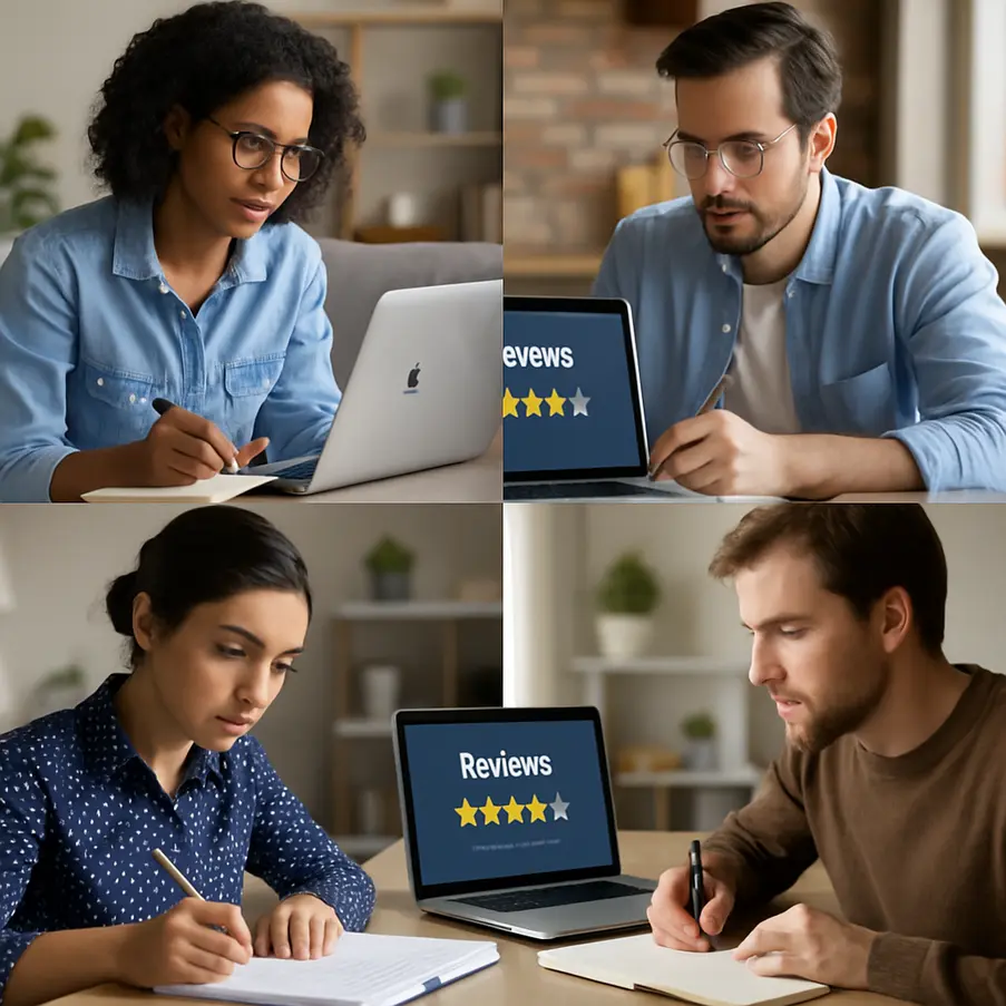 Collage showing diverse individuals reading and analyzing bootcamp reviews.