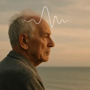 An elderly person gazing thoughtfully, representing the connection between aging and brainwave functions.