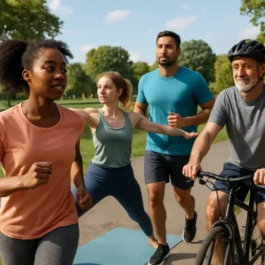 People engaging in different exercises like running and yoga in a community park.