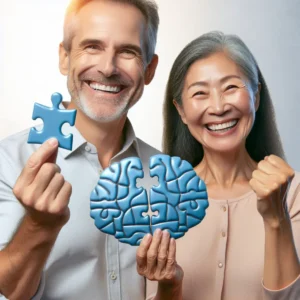 Middle-aged person holding a brain-themed puzzle, reflecting memory exercise success.