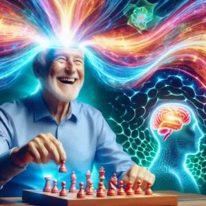 Joyful elderly person with symbolic gamma waves illustrating cognitive vitality.