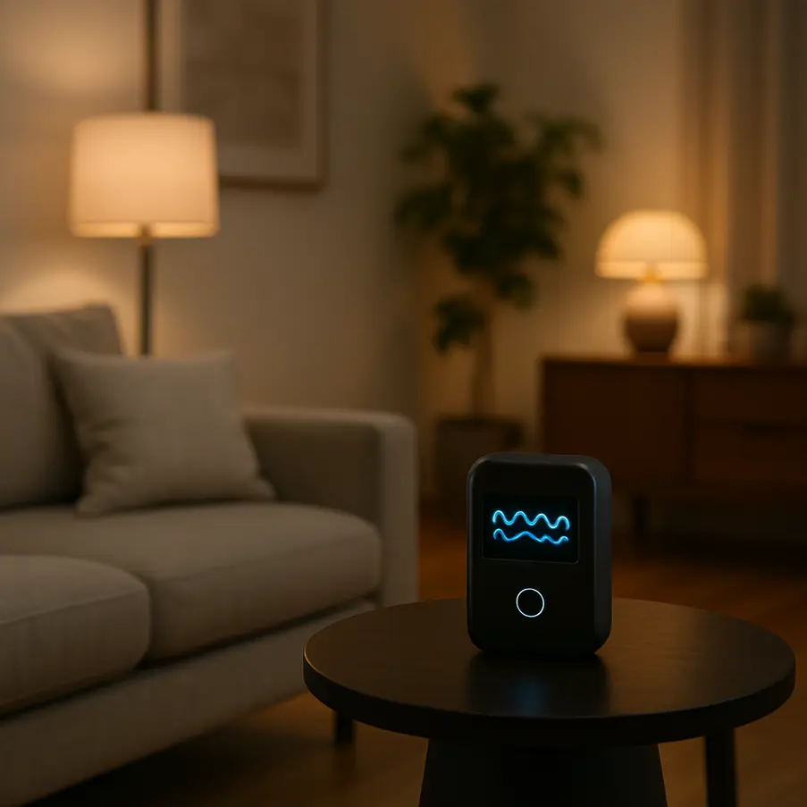 A living room setting with a gamma wave generator creating a relaxed ambiance.