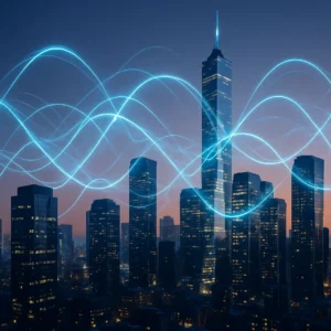 Futuristic cityscape with gamma wave networks symbolizing business innovation.