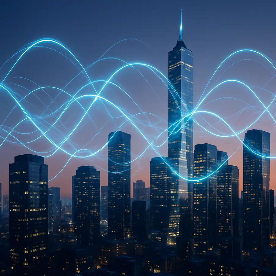 Futuristic cityscape with gamma wave networks symbolizing business innovation.