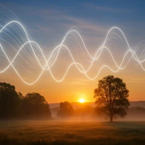 A serene landscape at sunrise with gamma wave patterns connecting earth and sky.