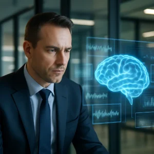 Business professional in an office, examining gamma wave-related holographic data for cognitive improvement.
