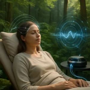 A conceptual image showing nature and technology blending with gamma waves for healing.