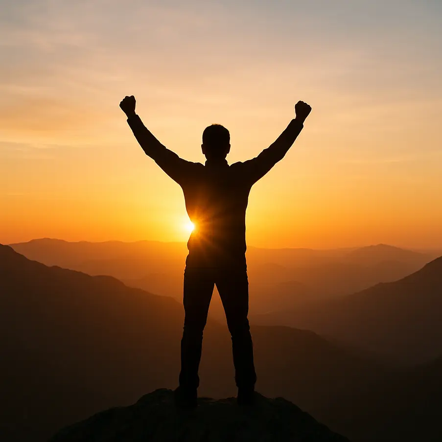 A person with raised arms on a mountain top, symbolizing successful goal achievement.