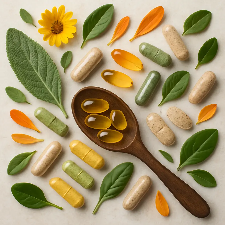 Colorful herbal supplements and plant elements illustrating natural wellness.