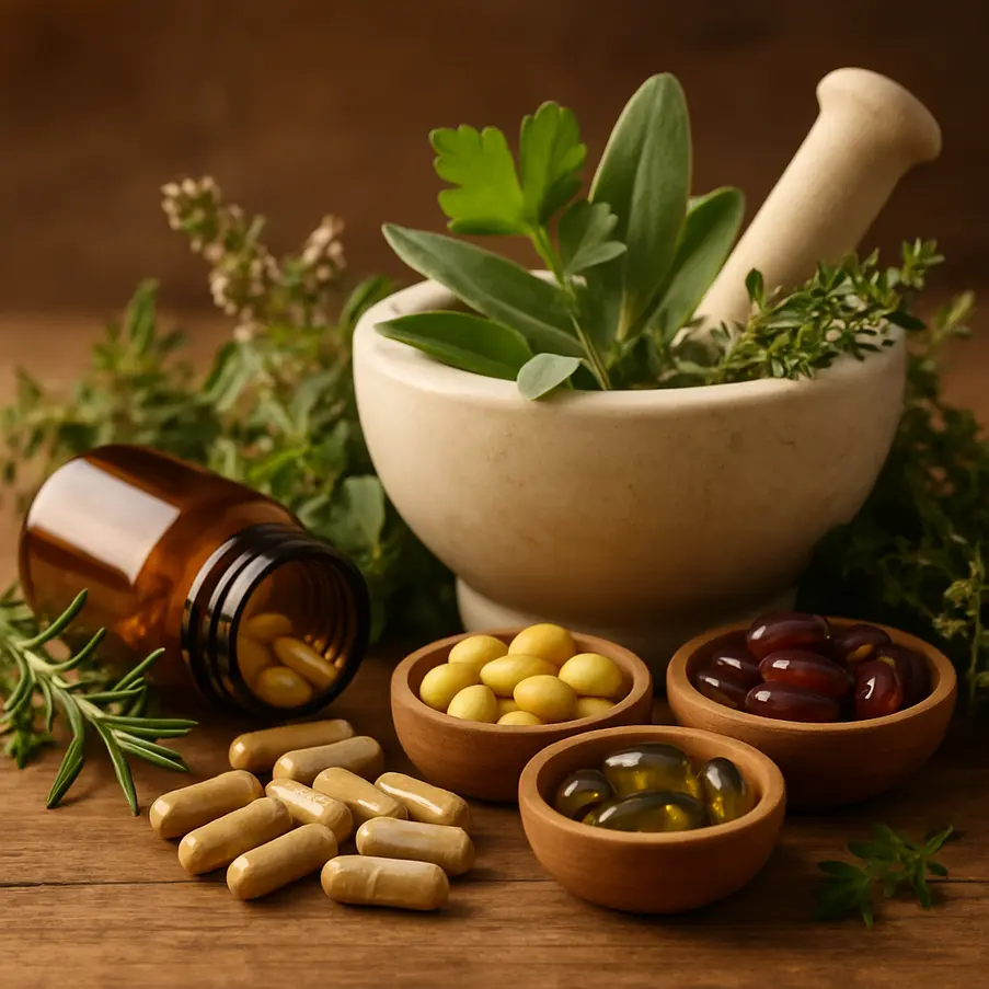 A collection of herbal supplements and fresh herbs displayed with a mortar and pestle in warm light.