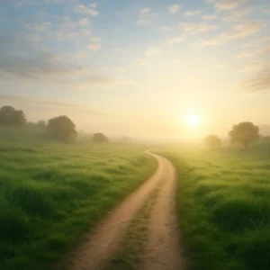 A peaceful landscape with a path leading to a radiant horizon, symbolizing hope and recovery from depression.