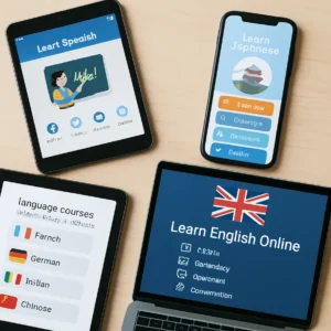 Multiple devices with different language learning apps displayed.