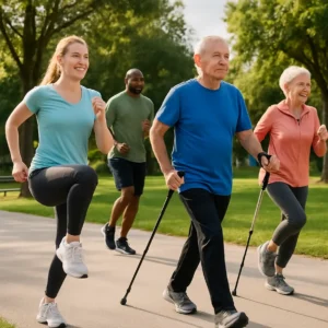 People of all ages participating in different low-impact cardio exercises.