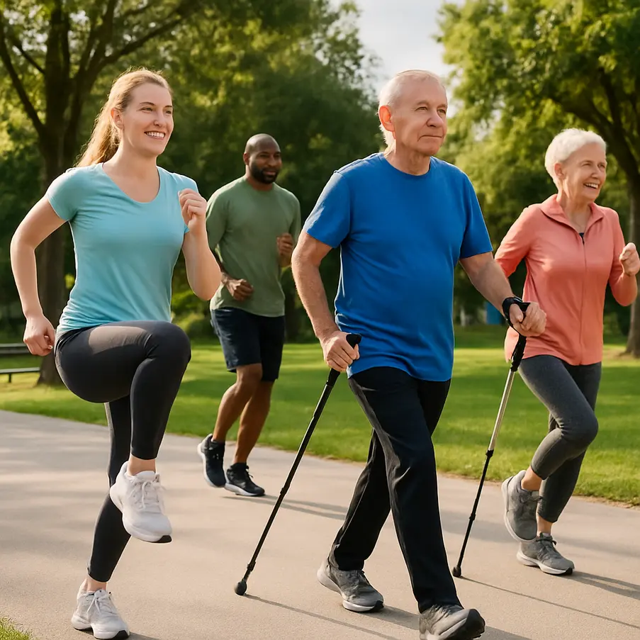 People of all ages participating in different low-impact cardio exercises.
